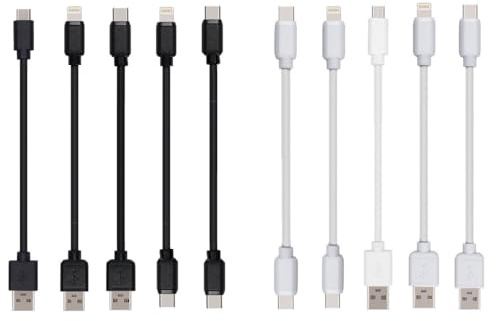 JuSoFU Short USB Cable 5 Variety Pack 10-PCS Mixed 5 Varieties X 2PCS (10-inch) Compatible Mobiles Charging Station/Power Bank/Tablets/Laptops and More... (White)