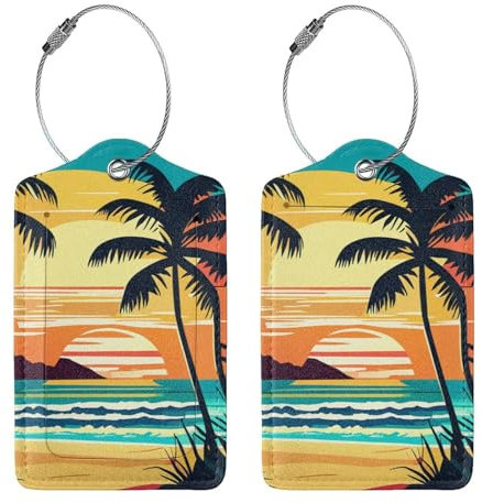 Vridoyt Luggage Tag, 2 Pcs Palm Trees with Sunset Pu, Privacy Cover ID Label, Durable Steel Loop, Travel Vacation Gift