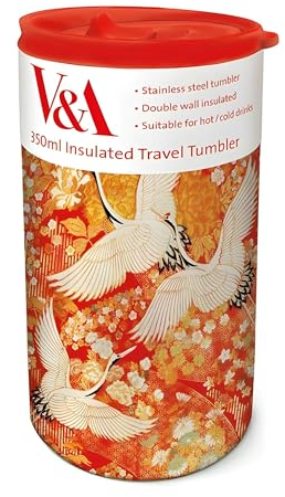 Insulated Travel Tumbler - Kimono Cranes Oriental Design - V&A Museum - 350ml Stainless Steel Cup - Re-Usable Mug