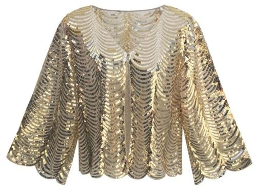 Agoky Damen Pailletten Jacke Glänzend Cardigan Langarm Bolero Tops Strickjacke Kurz Oberteile Party Cocktail Outfits Gold Einheitsgröße