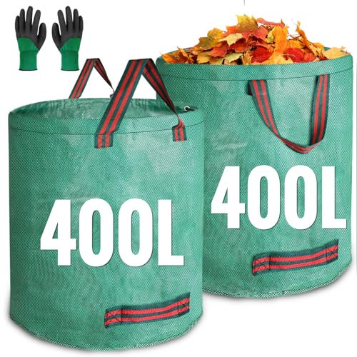 JARDILIFE Garden Waste Bags Heavy Duty 400 400 Litre 2 Pack, Reusable Sacks with 1 Pair of Gardening Work Gloves, Tools Bags for Garden Waste Plant Waste Grass Leaves (400L*400L)