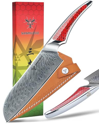 SANMUZUO 17,5CM Santokumesser, Kochmesser aus Japanischem VG-10-Damaststahl, ultrascharfes Küchenmesser mit Ergonomischer Griff aus Rot Harz, Serie LA-S9
