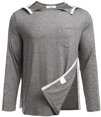 PINSPARK Sportshirt Herren Langarm Atmungsaktiv Trainingsshirt Wandershirt Abreißbar Hemd nach Schulterchirurgie Erholungs-T-Shirt für Herren mit Schnappzugriff Hellgrau M