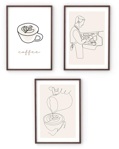MJ-Graphics® Poster Kaffee Deko Küche One Line Art Bilder Küche Cappuccino Bild Küche, Küchenbilder Deko, Wanddeko Küche Poster Küche Wandbilder Küche, 3xA3, Küchen Bilder Wandbild Küche - ohne Rahmen