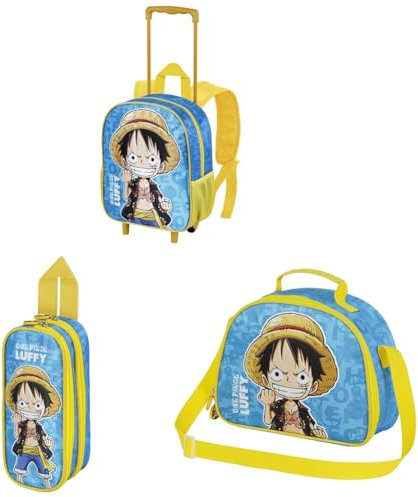 One Piece Monkey - Mochila con Ruedas Pequeña + Estuche Portatodo Doble + Merendero
