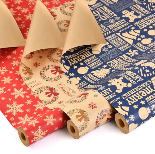 AhfuLife 3 Rollen Geschenkpapier Weihnachten Set, 43cm x 10m Weihnachtspapier Set, Nature Kraftpapier Weihnachtsgeschenkpapier für XMAS Geburtstag Verpackung (Weihnachtsbaum/Schnee/Frohe Weihnachten)