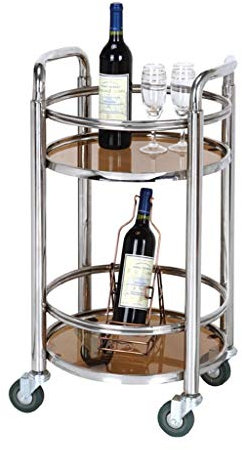 MOKLYF Carrello portavino in acciaio inox argentato/carrello doppio/pannello in vetro con rotelle, carrello portatorta di lusso/portata 60 kg/15,7''X15,7'(Vetro marrone-vetro nero