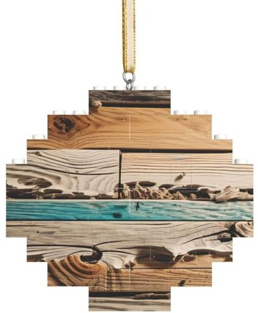 Kreativer Baustein-Puzzle-Ornament-Anhänger – Rautenförmiges Ornament mit Strand-Holzbild-Druck