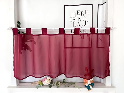 Devola Scheibengardinen Voile Kurzgardine mit Schlaufen Modern Bistrogardine Transparent Fenstervorhang Kurz Gardine Einfarbig Fenstergardinen Küche HxB 45x100cm Weinrot 1 Stück