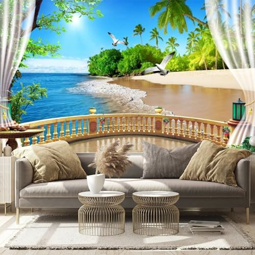 Papier peint mural 3D avec fenêtre - Vue sur l'océan - Taille personnalisée - Autocollant et amovible - Pour salon, chambre à coucher, salle de bain, bureau, salle à manger, chambre d'enfant