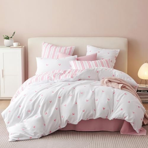 Freyamy Housse de Couette 140x200cm+1 Taie d'oreiller 65x65cm Coeur Imprimé Blanc Rose Parure de lit Motif du Cœur Ado Adulte Filles Sets de Housse Couette en Microfibre avec Fermeture Éclairs