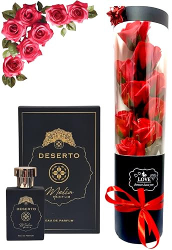 Idea Regalo - Set di 9 Rose Rosse con Profumo - Deserto Eau De Parfum 50ml, Confezione Elegante, Sorpresa, Amore - Melia Cosmetica