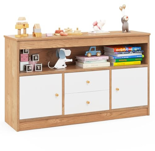 DREAMADE Kinderregal, Spielzeugschrank mit 3 Schubladen auf Rollen, Kinderzimmer Aufbewahrung Spielzeug Organizer mit 3 Boxen, 102x33x62cm, Kinderzimmer/Wohnzimmer/Kindergarten (Natur,Doppeltür)