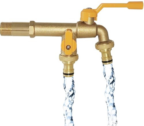 MKNZOME Rubinetto da Giardino a Doppia Uscita, Divisore per Tubo Flessibile in Ottone Inossidabile a 2 Viecon Ingresso da 1/2 e Uscita da 2 X3/4 Pollici, kit Rubinetto Esterno per Giardino Domestico