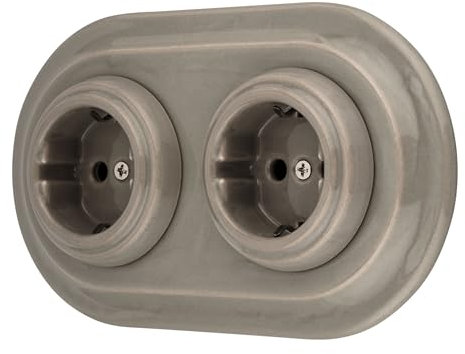 Unterputz Porzellan Retro Steckdose 2-fach, All-in-One, SET Serie PR1 graubeige