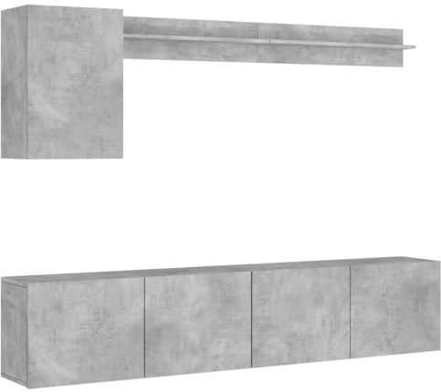 vidaXL Wohnwand 5-TLG., Schrankwand mit viel Stauraum, Wandmontage Anbauwand Fernsehschrank, Wohnzimmer Set Schrank Wandschrank, Betongrau Holzwerkstoff