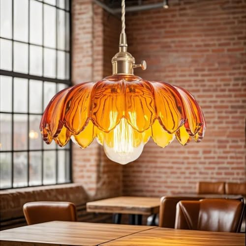 Pendelleuchte Glas,Vintage Hängelampe mit Orangefarbenem Blumenmuster,Verstellbares Kabel,Lampenaufhängung für Wohnzimmer,Schlafzimmer,Küche,Esszimmer,Kinderzimmer,Orange Glas-Schirm,Messingbasis