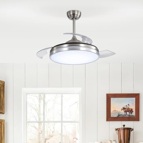 Warmiehomy Ceiling Fans with Lamps and Remote,106cm Quite Led Light Fan Ceiling 6 Speeds Retractable Fan,47W Reversible Dimmable Smart Ceiling Fan with Memory Function