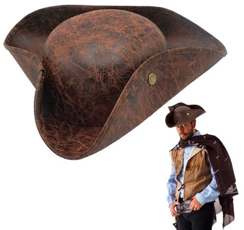 Brown Pirate Hat for Adult, Pirate Accessories for Men Women, Tricorn Hat Pirates Cap, Halloween Costume Accessories, Fancy Dress Colonial Medieval Accessory for Pirates Theme Party Halloween Cosplay