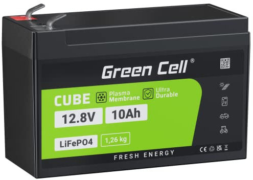 Green Cell Cube LiFePO4 Batteria 10Ah 12.8V - Batteria al litio di ferro fosfato per camper, barche, impianti solari, sistemi off-grid, con BMS, leggera e sicura