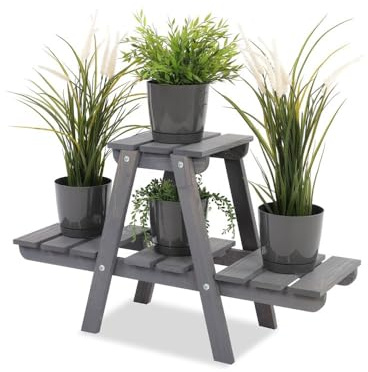 PROREGAL Blumenständer FLORACK | HxBxT 45x74x25cm | 3 Ablagen | Kieferholz | Grau | Pflanzenständer Pflanzenregal Blumenregal Blumentreppe Gartenregal