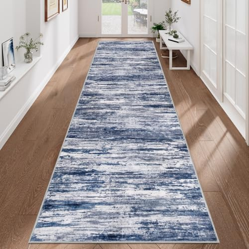 VSIWB Blau Teppich Läufer Flur 80x300 cm, rutschfest, weich, waschbar, Kunstwolle Kurzflor Küchenläufer, modern abstrakt für Wohnzimmer, Schlafzimmer, Diele, Eingang und Waschküche