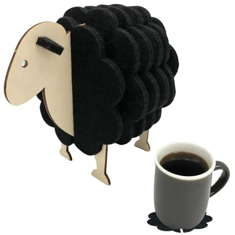 Wollschaf Filz-Coaster Set - 6 Stück saugfähige Schaf-Untersetzer aus Filzwolle mit Puzzle-Design, inkl. Holzständer & nachhaltiger Geschenkbox - Lustige Tischdeko für Wohnzimmer, Küche & Büro