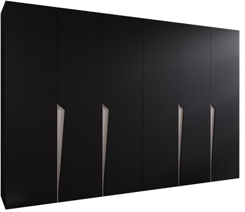MEBLE KRYSPOL - Kleiderschrank - Garderobenschrank - 300 cm x 202 x 52 cm - Schrank mit Kleiderstange, 6 Türen - für Schlafzimmer, Flur - Piano, Schwarz, Griff Kaschmir