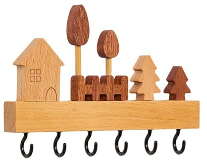 Rocky Green Porte-clés mural en bois avec 6 crochets, motif maison et arbre, 22,5 cm x 14,5 cm, amusant et décoratif, pour entrée et chambre d'enfant
