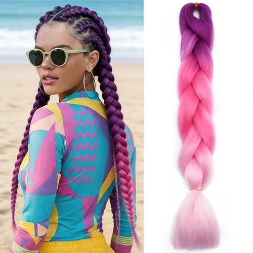 MY-LADY Extension per Treccine Africane 60cm [3 Ciocche] Ombre Viola/Fucsia/Rosa 300g Treccine Extension Capelli Sintetici Jumbo Braiding Hair Crochet Twist