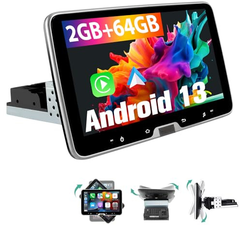 Junsun Android 13 Radio Coche 1 DIN, 10 Pantalla Táctil Giratoria con CarPlay, GPS, Bluetooth/29UI con Botón Deslizante
