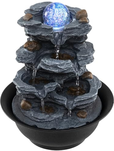 COSTWAY Fontana Zen da Interno, Fontana da Tavolo a Cascata con Luce LED, Pompa Silenziosa e Velocità dell'Acqua Regolabile, Fontanella Decorativa per Soggiorno, Ufficio e Camera da Letto (Modello 2)