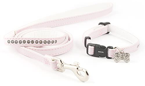 Ancol Small Bite Jewel Collar and Lead Set Pink Diamante Design - Adjustable Collar and 1m Lead for Small Dogs