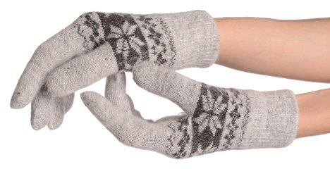 Angora Grey Fair Isle Knitted Gloves - Grau Handschuhe Einheitsgroesse