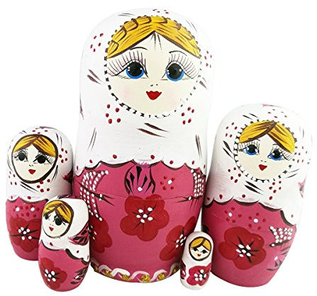 Lot de 5 poupées russes russes en bois avec fleurs rouges et roses - Jouet empilable en bois fait à la main - Cadeau amusant pour chambre d'enfant