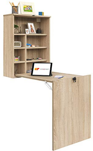 COMIFORT Escritorio Colgante - Mesa de Pared Plegable con Librería de Estructura Firme, Moderna y Minimalista con Baldas Espaciosas y de Gran Capacidad, Color Roble