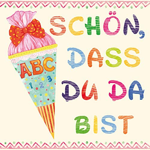 20 Servietten Schulanfang Mädchen rosa mit Spruch - Schön dass Du da bist - in beige und rosa. Tischdeko Einschulung Mädchen für Schuleinführung mit ABC 33x33cm