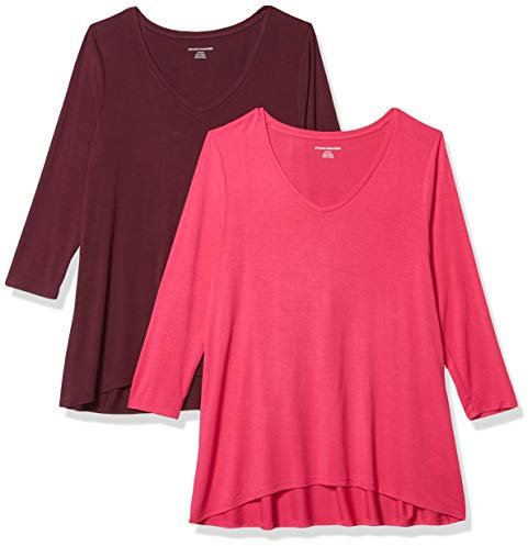 Amazon Essentials Camiseta de Manga 3/4 con Cuello en Pico (Disponible en Tallas Grandes) Mujer, Pack de 2, Rosa Brillante/Burdeos, M