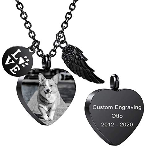 MeMeDIY Personalisiert Herz Pfotenabdruck Asche Urne Anhänger Halskette Benutzerdefiniert Name/Foto/Datum für Frauen Männer Pet Liebhaber Edelstahl Gedenkstück Hund Katze Haustier Andenken -A2-1
