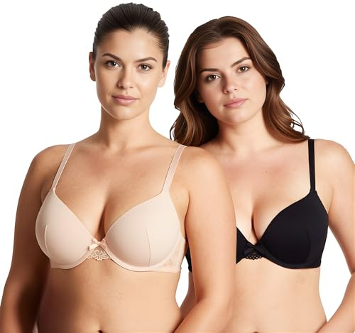 Curve Muse Push Up Add 1 Cup Underwire Bra-2PK-Black,Nude-36DDD