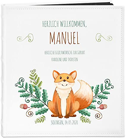 Maverton Fotoalbum zum Selbstgestalten mit Aufdruck - für 240 Fotos 10x15-60 schwarze Seiten - Größe 33x30cm - Weiß - personalisierte Geschenke für Baby zur Taufe Geburt - Geburtstagsgeschenk