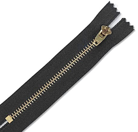 YKK - Cerniera lampo in nylon nero con estremità chiusa, resistente, in ottone dorato, per denti/testa e per jeans, jeans, pantaloni, borse, 13 cm (13 cm), 1 pezzo