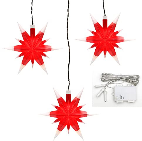 ***3er Set Weihnachtssterne aus Kunststoff in rot/Weiss, inkl. LED Beleuchtung und 6h Timer, für Batteriebetrieb, für Innen und Außen geeignet. Maße je Stern L/B/H: 13,5 x 5,5 x 12 cm.