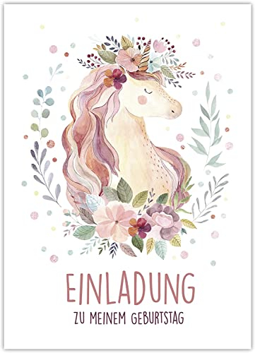 CALLUNA® 12 Einladungskarten zum Kindergeburtstag mit Glitzerlack und bunten Versandhüllen – Bunte Einladung zur Geburtstagsfeier – Geburtstagseinladungen – Partyeinladungen – Einhorn