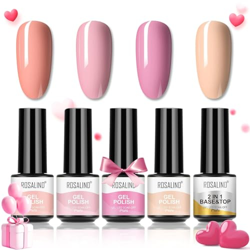 ROSALIND UV Nagellack 4 Farben Gel Set Rosa Nude Mit Base Coat Top Coat Mini UV Lampe Für Nägel Gel Nail Polish Set Valentinstag