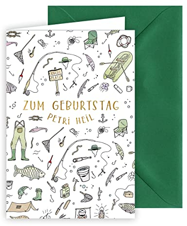 KE - Glückwunsch-Karte zum Geburtstag für Männer/Angler mit lustigem Spruch, mit Umschlag, DIN B6, lustige Geburtstagskarte Mann, Motiv: Petri Heil
