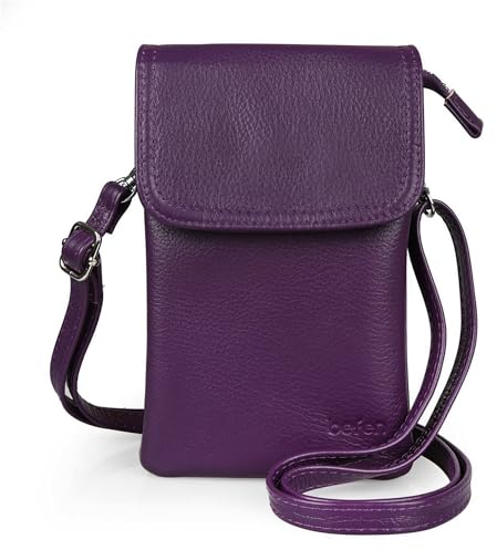 befen Echtleder Handytasche zum Umhängen, Handy Umhängetasche Damen Klein, Handtasche mit Geldbörse zum Umhängen Leder, Crossbody Bag Damen mit Verstellbarer Riemen und Schlüsselanhänger, Violett