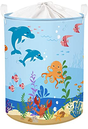Clastyle 45L Ozean Tiere Delfine Meeresschildkröte Krake Wäschekorb Qualle Fisch Blau Rund Spielzeug Kleidung Aufbewahrungskorb für Kinderzimmer, 36x45 cm