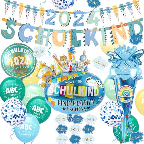 iZoeL Schulkind 2025 Deko Einschulung Junge - Girlande, Zuckertüten Girlande, Folienballon, 15 Luftballons, 16 Konfetti für Schulanfang und Schuleinführung