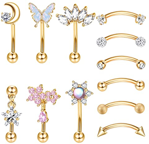 Kakonia 12 Stück Rook Curved Barbell Piercing Gold Piercing Augenbrauen Bauchnabelpiercing Nasenpiercing Edelstahl Tragus Helix Knorpel Lippen Piercing Schmuck für Damen